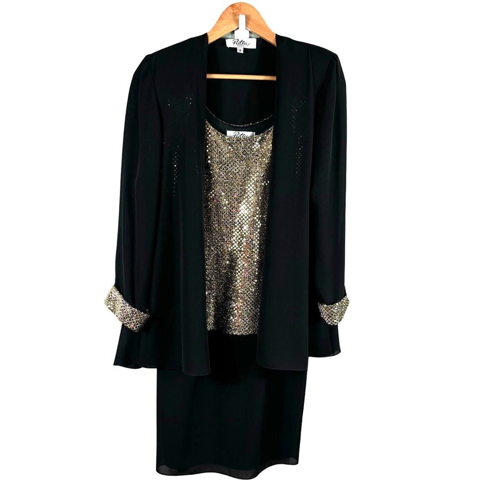 Vintage‎ Patra 2-Piece Evening Dress Sz 6 Petite Black Gold Metallic Holiday USA